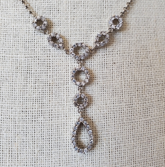 Sterling Silver Halo Cubic Zirconia CZ Y Drop Necklace - Picture 2 of 5